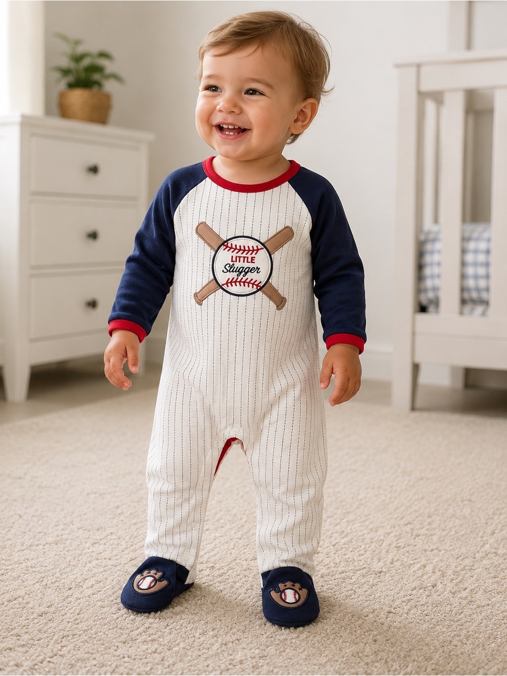 Baby Starters Navy, Cream & Red 'Little Slugger' Footie